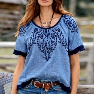Cotton SUNDANCE Blue Chambray Embroidered Blouse Med M Blue